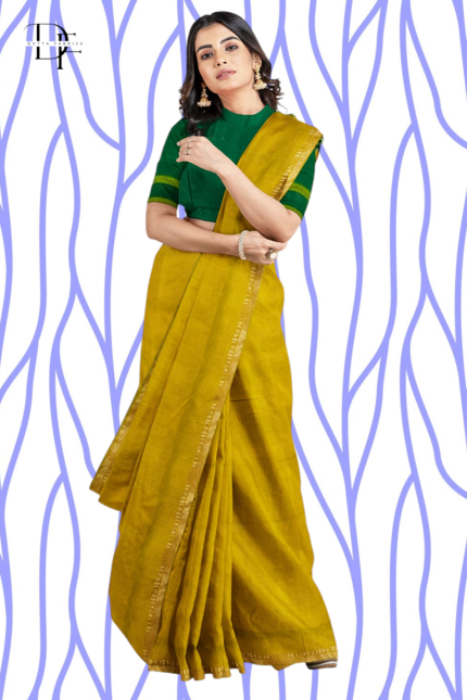 Handloom Mustard Yellow One Inch Jaree Paad Saree