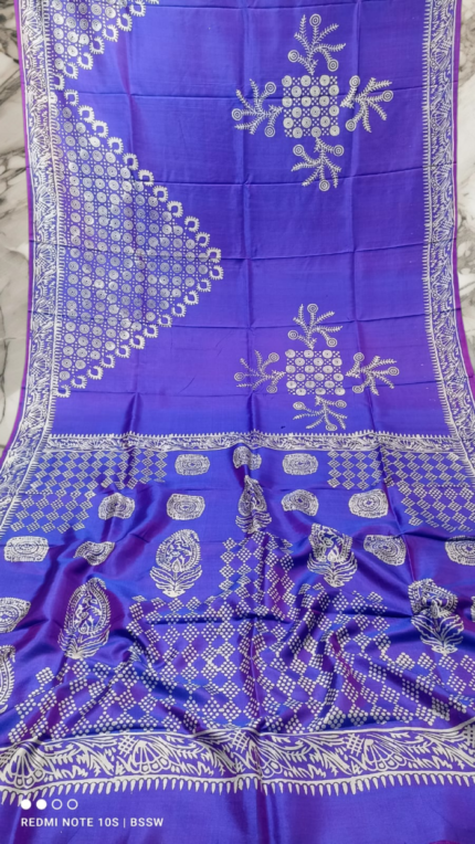 Handloom Royal Blue Print Katan Silk Saree