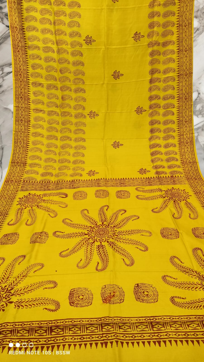 Handloom Yellow Print Katan Silk Saree
