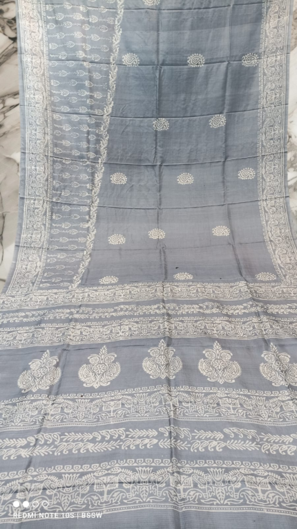 Handloom Grey Print Katan Silk Saree