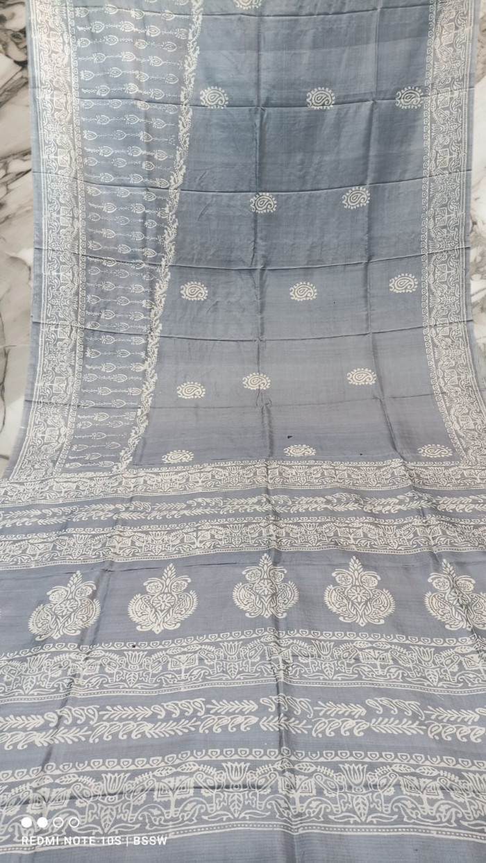 Handloom Grey Print Katan Silk Saree
