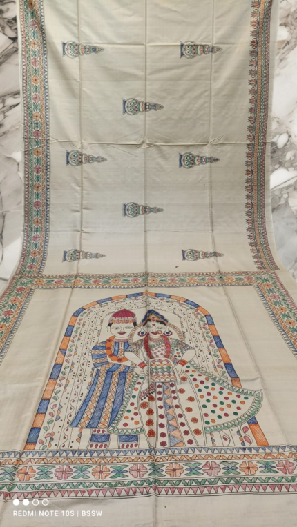 Handloom Madhubani Hand Print Tussar Saree