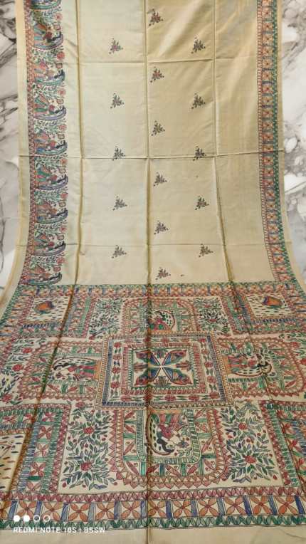 Handloom Madhubani Hand Print Tussar Saree