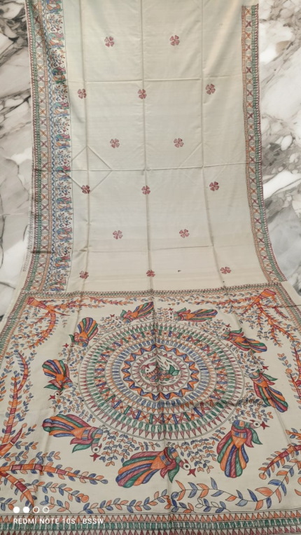 Handloom Madhubani Hand Print Tussar Saree
