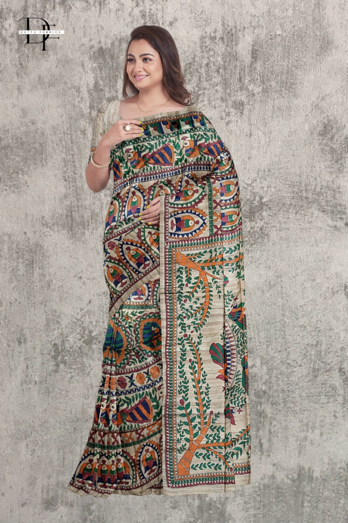 Handloom Madhubani Hand Print Ghicha Silk Saree