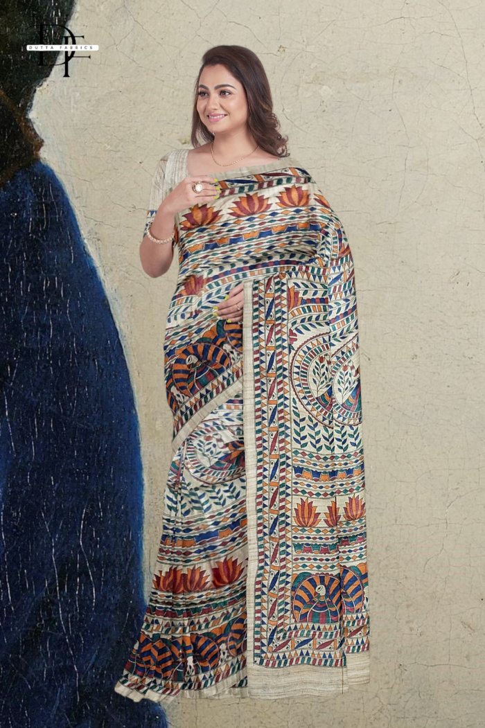 Handloom Madhubani Hand Print Ghicha Silk Saree