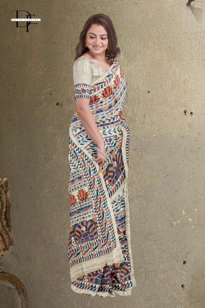 Handloom Madhubani Hand Print Ghicha Silk Saree