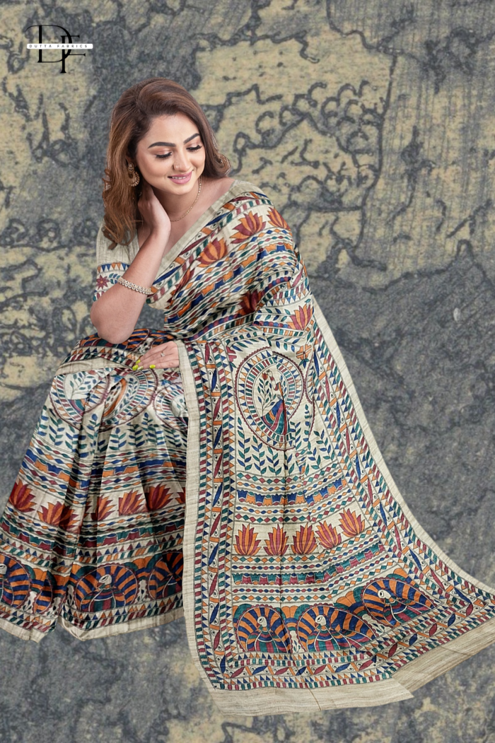 Handloom Madhubani Hand Print Ghicha Silk Saree