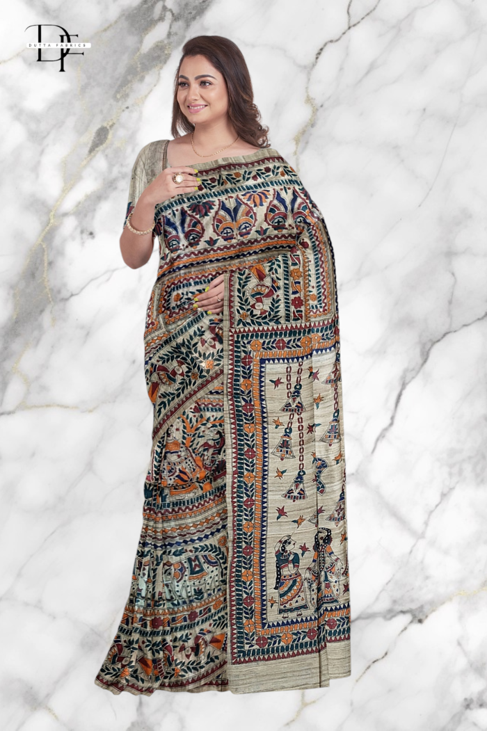Handloom Madhubani Hand Print Ghicha Silk Saree