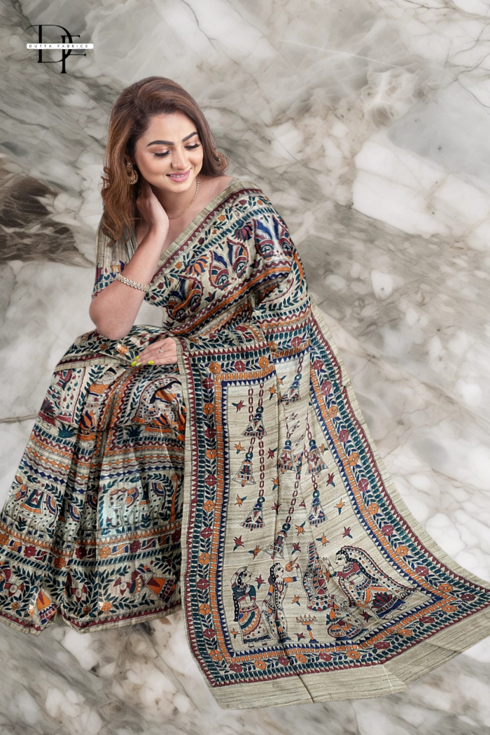 Handloom Madhubani Hand Print Ghicha Silk Saree