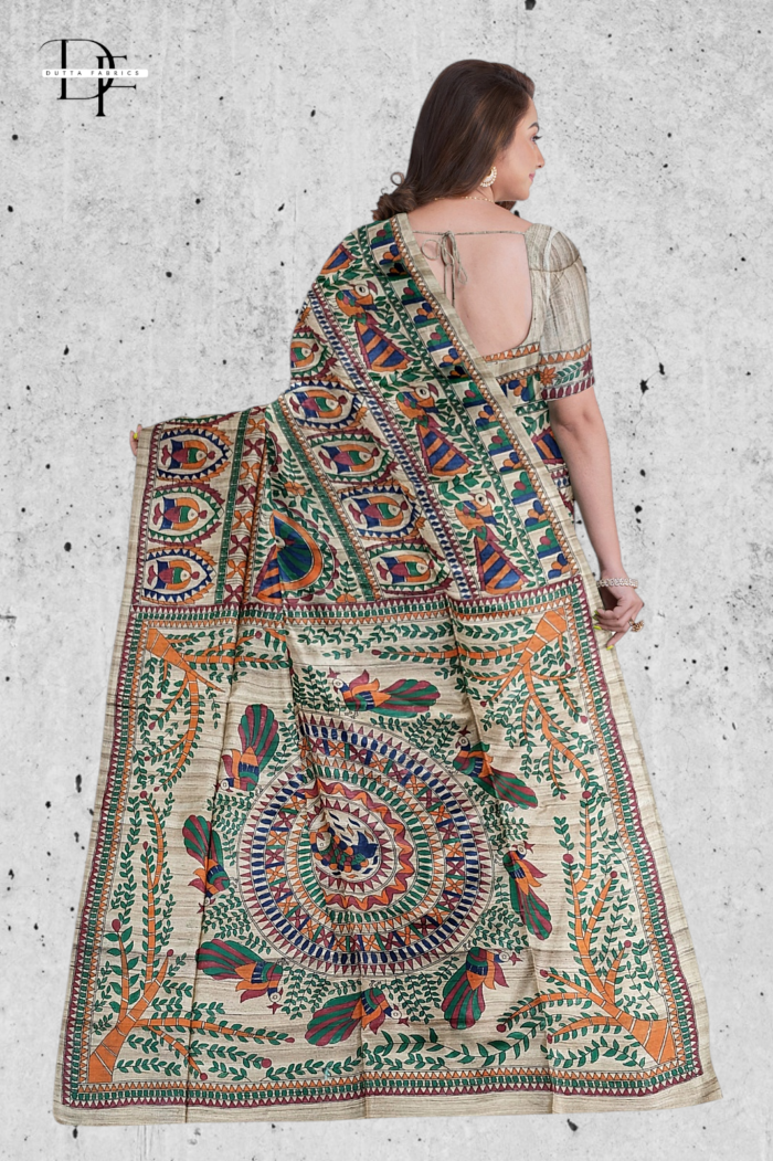 Handloom Madhubani Hand Print Ghicha Silk Saree