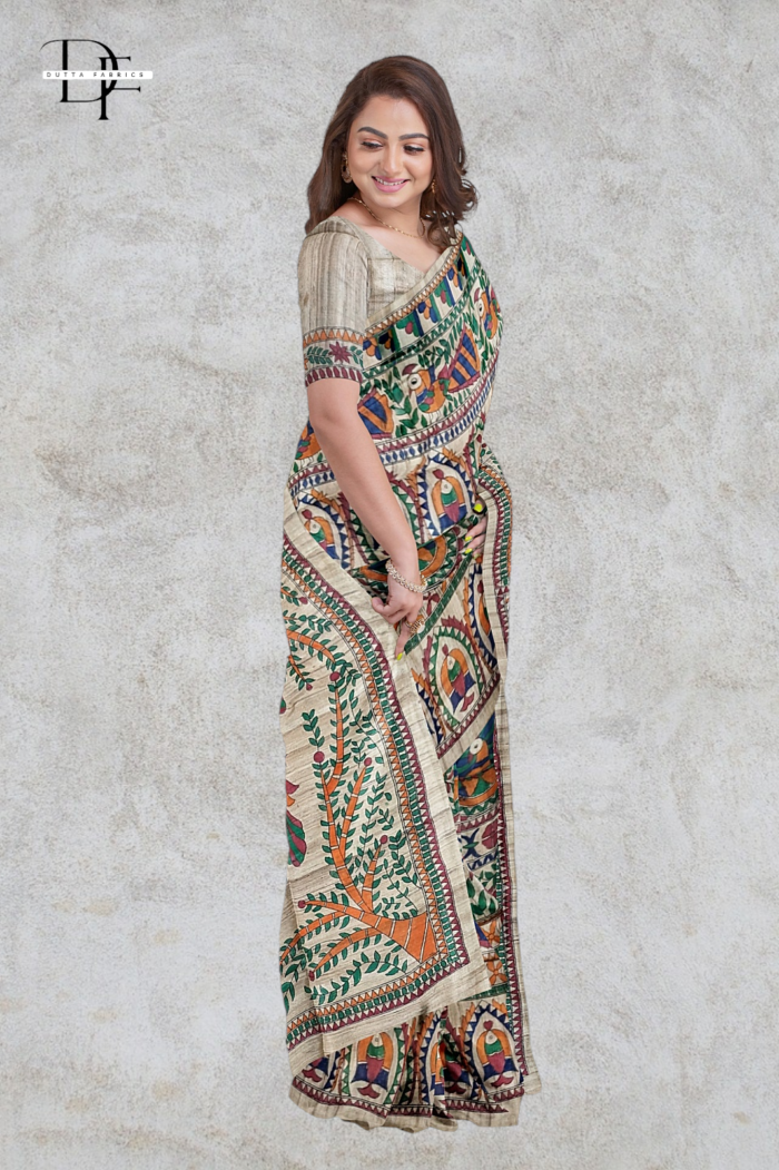 Handloom Madhubani Hand Print Ghicha Silk Saree