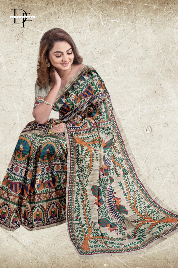 Handloom Madhubani Hand Print Ghicha Silk Saree