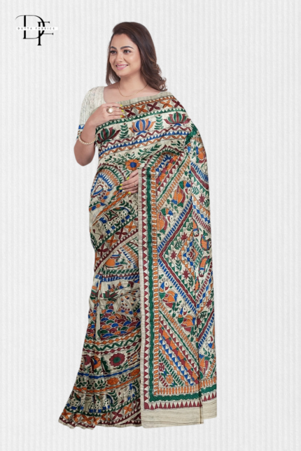 Handloom Madhubani Hand Print Ghicha Silk Saree