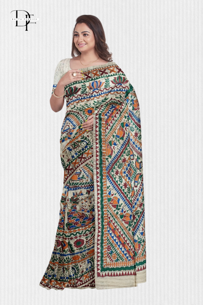 Handloom Madhubani Hand Print Ghicha Silk Saree