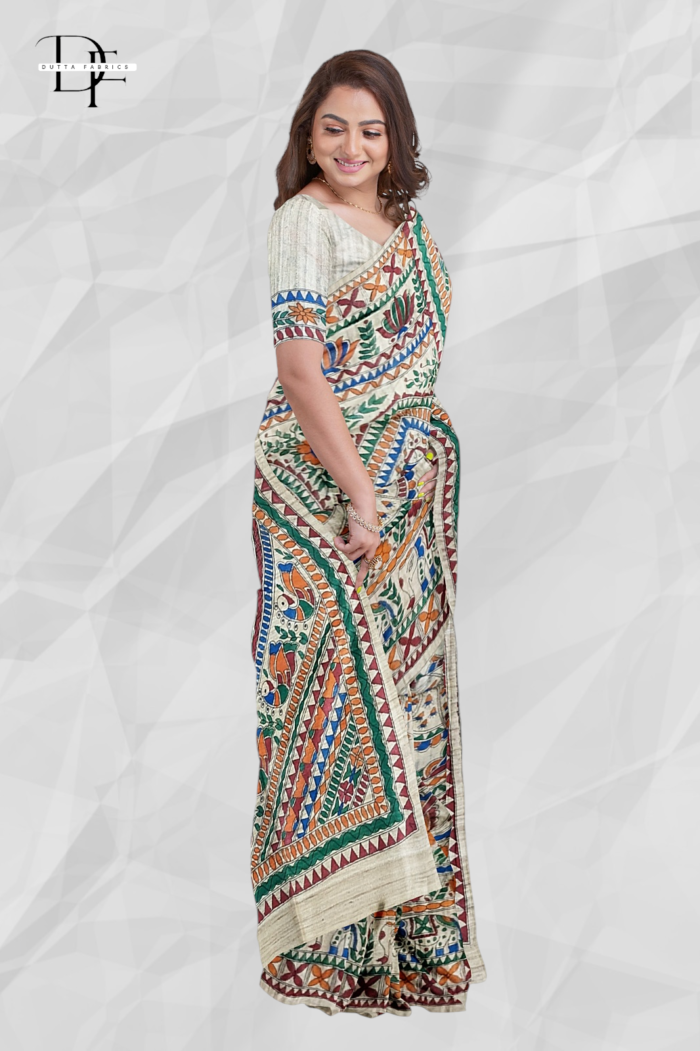 Handloom Madhubani Hand Print Ghicha Silk Saree