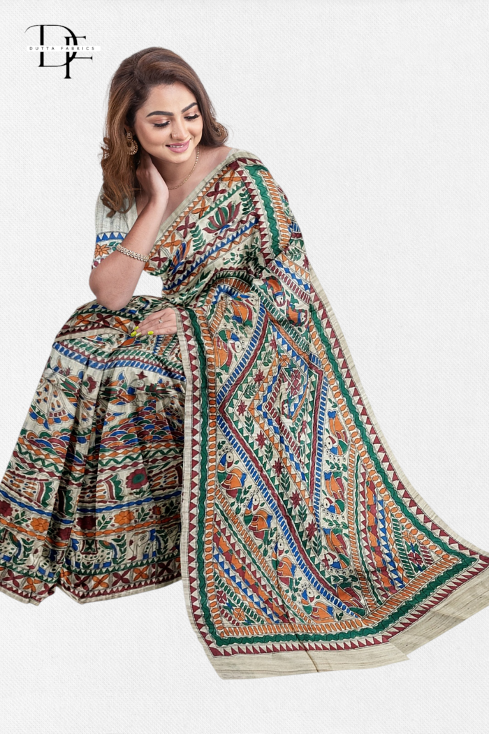 Handloom Madhubani Hand Print Ghicha Silk Saree