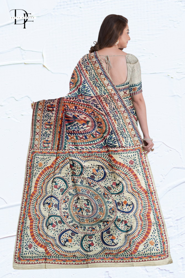 Handloom Madhubani Hand Print Ghicha Silk Saree