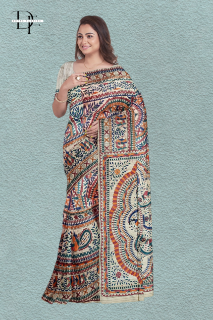 Handloom Madhubani Hand Print Ghicha Silk Saree