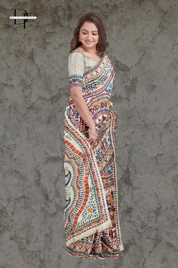 Handloom Madhubani Hand Print Ghicha Silk Saree