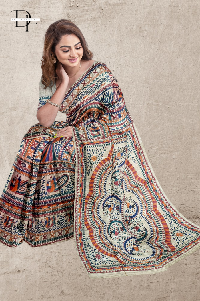 Handloom Madhubani Hand Print Ghicha Silk Saree
