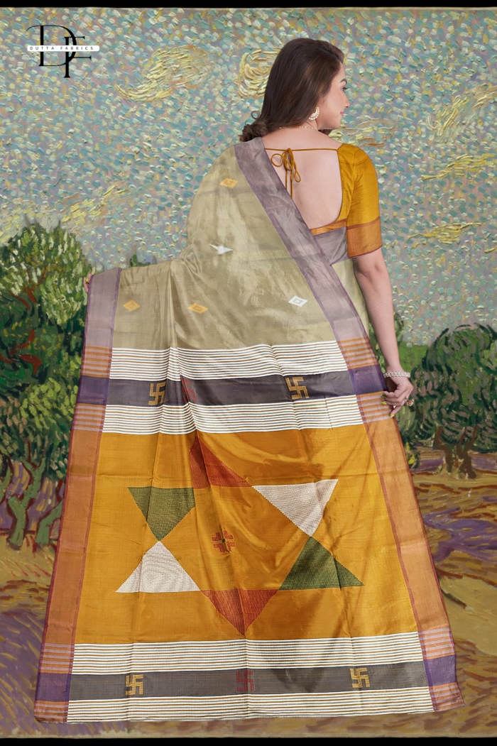 Handloom Khaki x Mustard Yellow Katan Silk Saree