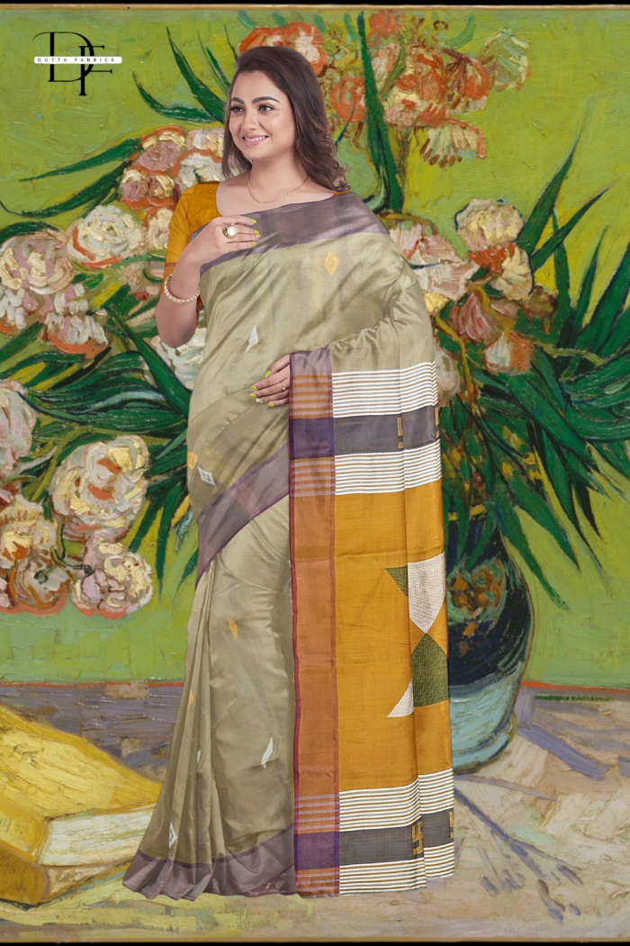 Handloom Khaki x Mustard Yellow Katan Silk Saree