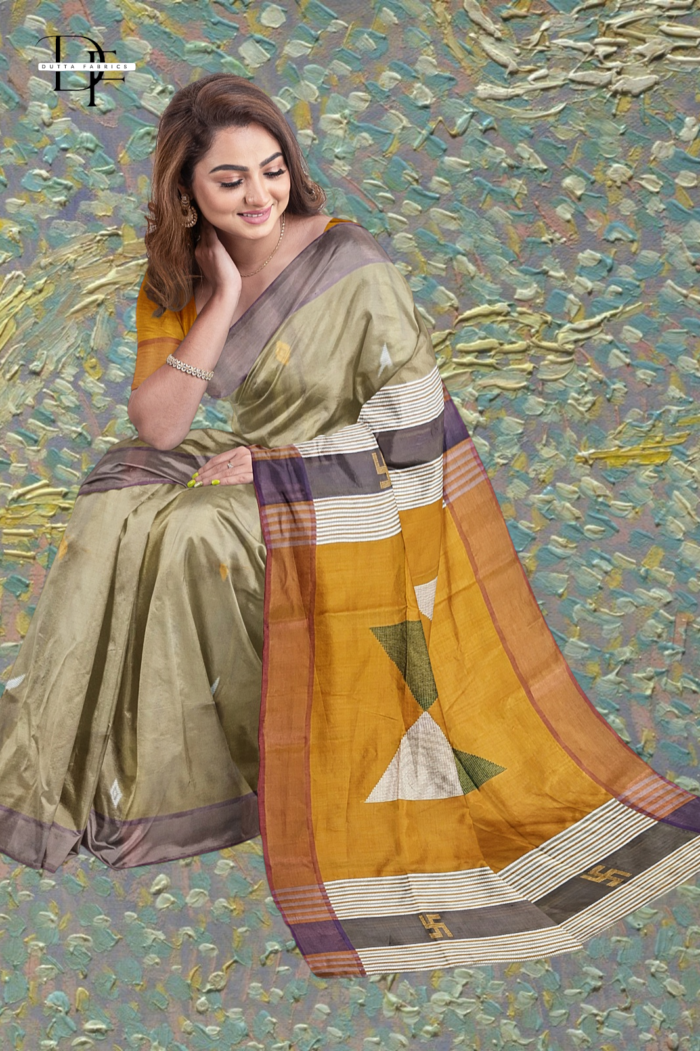 Handloom Khaki x Mustard Yellow Katan Silk Saree