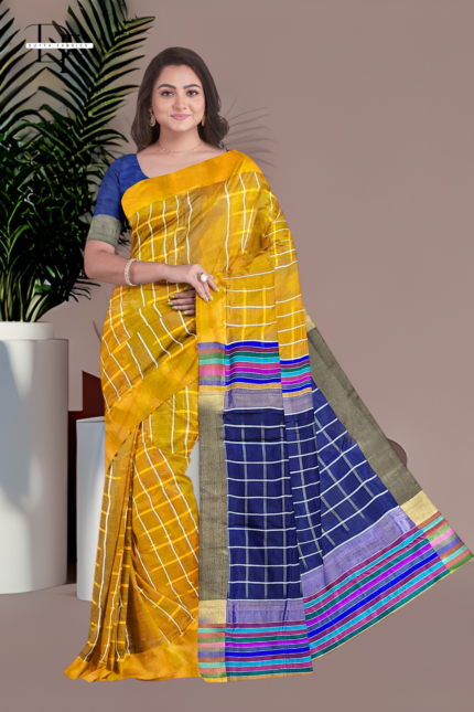 Handloom Mustard Yellow x Blue Katan Silk Saree