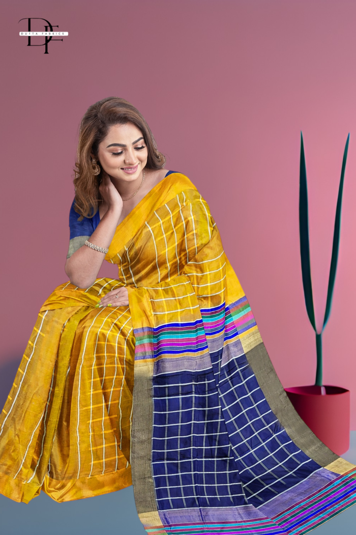 Handloom Mustard Yellow x Blue Katan Silk Saree