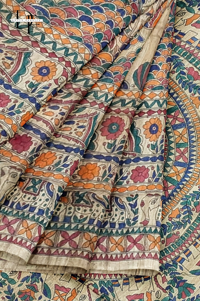 Handloom Madhubani Hand Print Ghicha Silk Saree