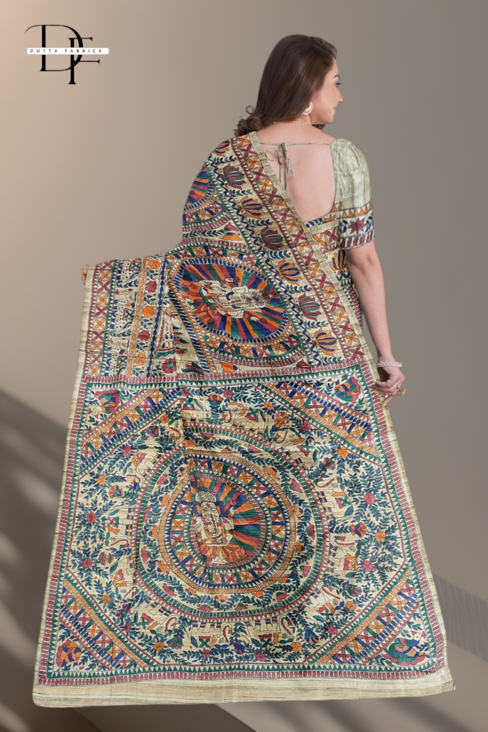 Handloom Madhubani Hand Print Ghicha Silk Saree
