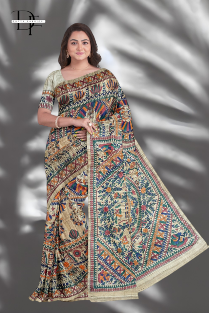 Handloom Madhubani Hand Print Ghicha Silk Saree