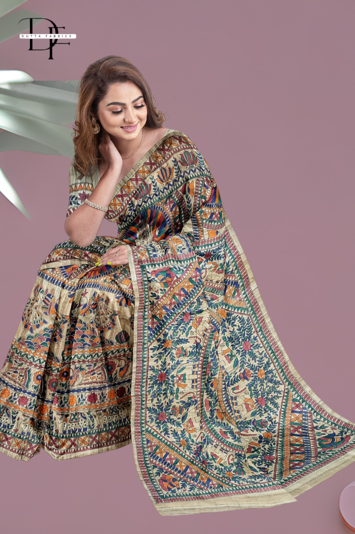 Handloom Madhubani Hand Print Ghicha Silk Saree