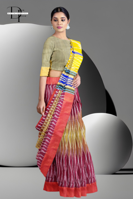 Handloom Maroon x Yellow Katki Ikkat Silk Saree